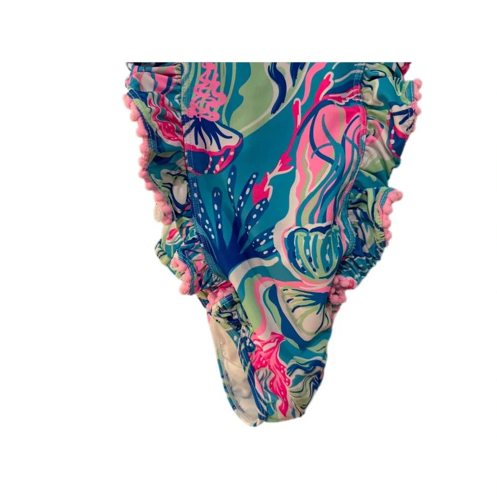 Tommy Bahama Swimsuit One Piece Kids Size 7 Blue Pink Tropical Ruffle Pom Pom EX